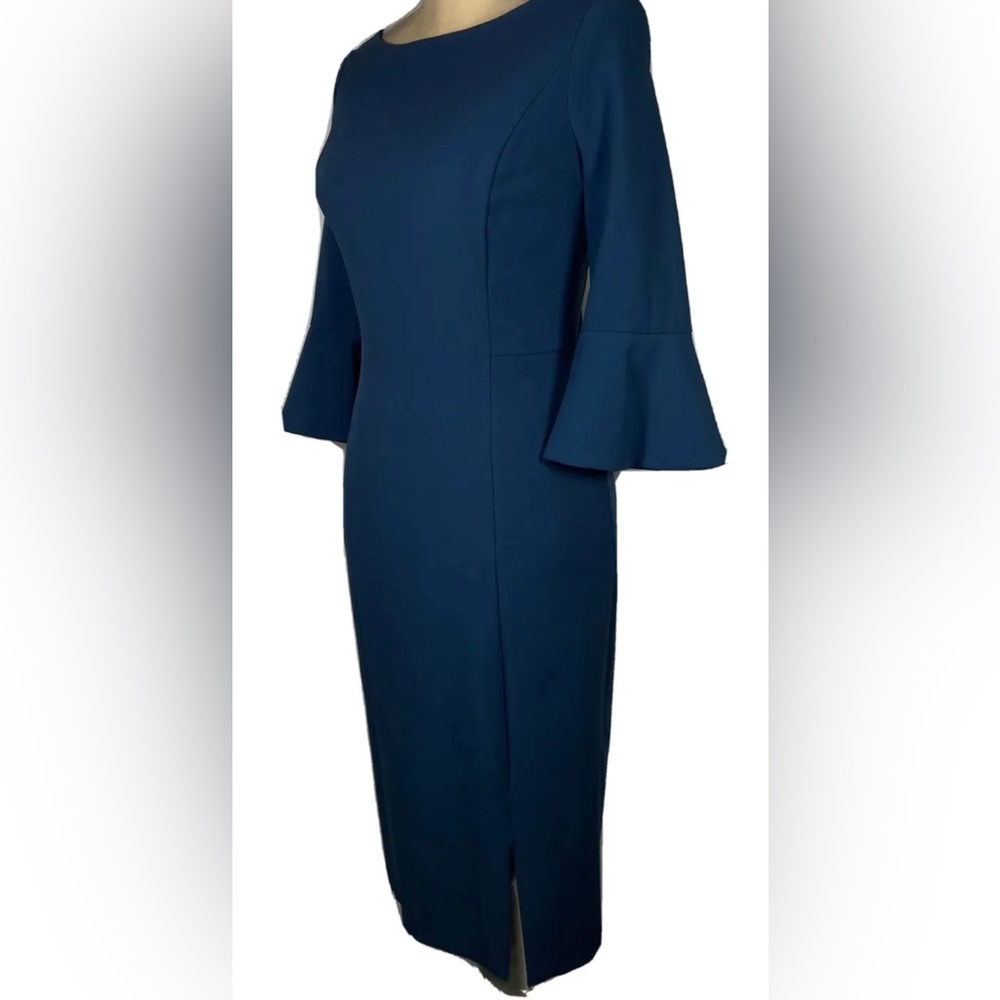 Turquoise/teal bell sleeve sheath dress